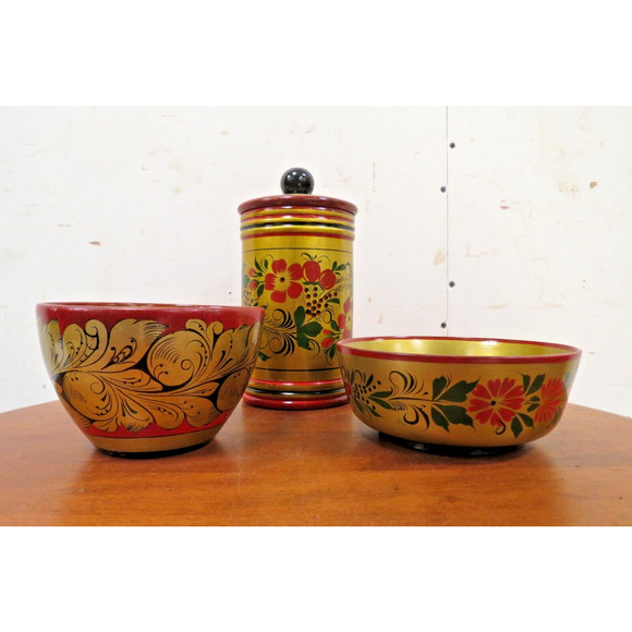 Vintage Russian Lidded Canister And 2 Bowls - Folk Art Hand Painted - Picture 2 of 9